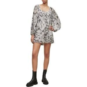 AllSaints Sanina Waktu Long Sleeve Mini Dress V-Neck Animal Print Size 2 NEW